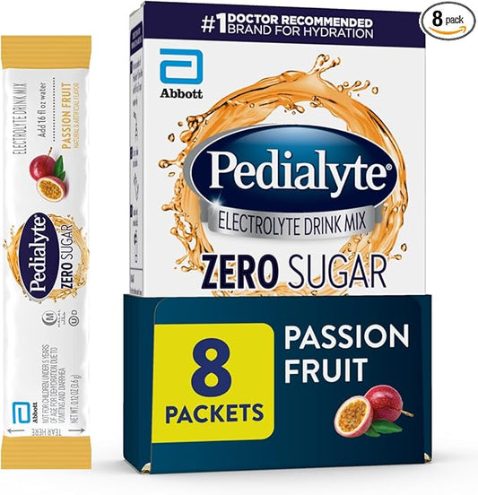 Pedialyte Electrolyte Drink Mix With Zero Sugar | Hydration With Key Electrolytes | Great Hydration Low in Calories | Passion Fruit, 8 Powder Packets