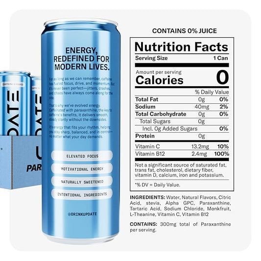 Drink Update Energy Drink with Paraxanthine - Jitter Free, Crash Free, No Overstimulation, No Withdrawal - Caffeine and Sugar Free (Berry, 12 Pack)