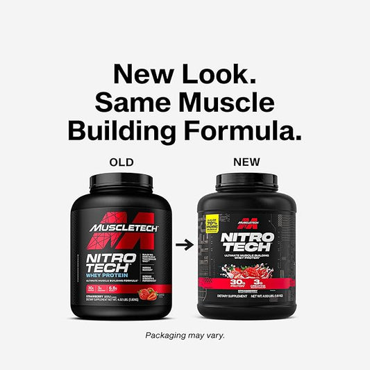 Muscletech Whey Protein Powder (Strawberry, 4 Pound) - Nitro-Tech Ultimate Muscle Building Formula with Whey Protein Isolate - 30g of Protein, 3g of Creatine & 6.8g of BCAA - Packaging May Vary