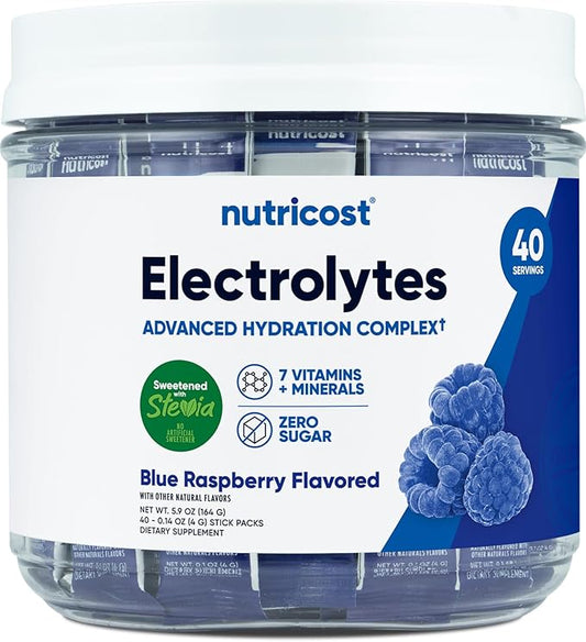 Nutricost Electrolytes Complex, Blue Raspberry Flavored, 40 Stickpacks - Advanced Hydration Complex