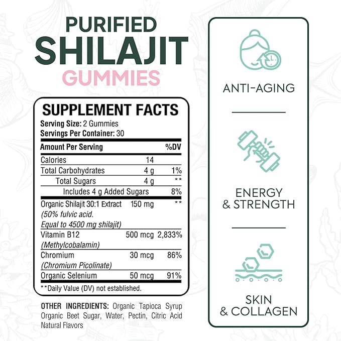 Shilajit for Men and Women - Natural Supplement with Vitamin B12, Chromium and Selenium for Age-Defying, Energy, Hormone Support and More - 60 Shilajit Gummies