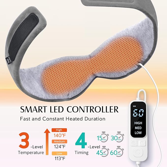 YFONG Heated Eye Mask, Warm Eye Compress Mask for Dry Eyes, USB Electric Heating Pad with Temperature & Timer Control, Dry Sleep Mask for Relax & Reduce Strain Dark Circle Stye Treatment, Grey