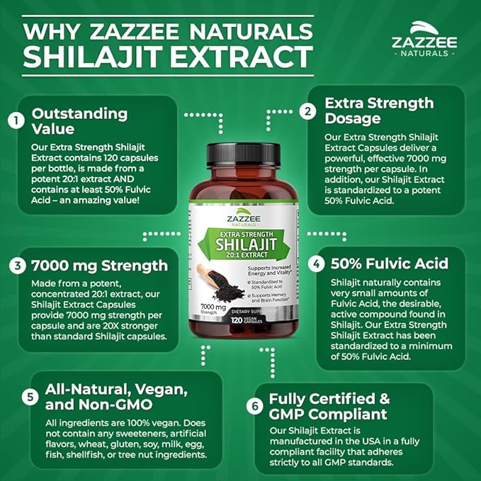 Zazzee 100% Pure Himalayan Shilajit 20:1 Extract, 7000 mg Strength per Capsule, 50% Fulvic Acid, 120 Servings per Bottle, 20X Potency, Rich in Trace Minerals, Non-GMO, Vegan, Made in The USA