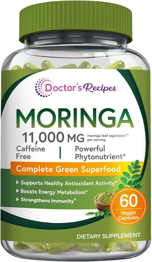 Doctor's Recipes Moringa 11,000 mg Strength, Complete Green Superfood, Natural Antioxidant Support, Non-GMO, 60 Vegan Caps, No Caffeine Soy Gluten