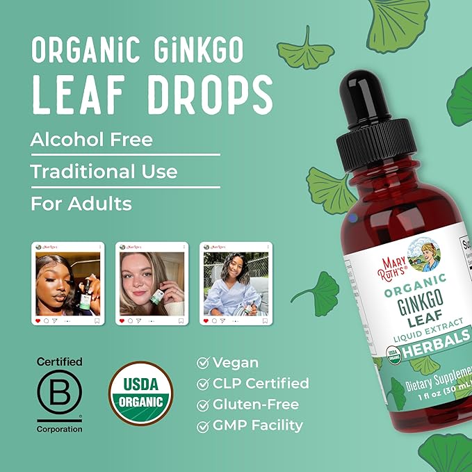 MaryRuth Organics Ginkgo Leaf Liquid Drops | Herbal Supplement | Nootropic | Circulatory System & Nervous System Health | USDA Organic | Non-GMO | Vegan | 60 Servings