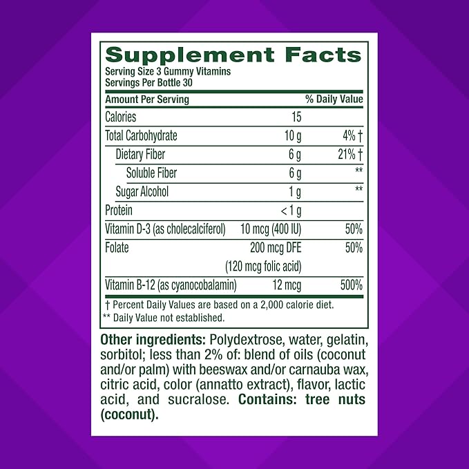 Vitafusion GLP-1 Support Fiber Plus Vitamins D, B12 and Folate Gummy Vitamins, Citrus Flavor, Sugar Free, 90 Count, 30 Day Supply