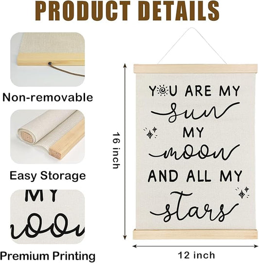 Nrleey Nursery Wall Decor with Wooden Poster Hanger - Baby Room Decor, You Are My Sun Moon And All My Stars Wall Art Posters for Kids Room Nursery Playroom, 12x16 Inch
