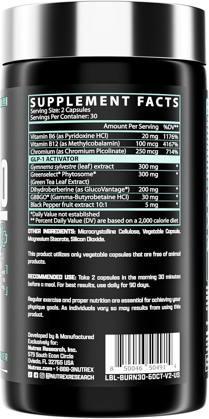 BURN30 GLP-1 Supplement - Super Berberine Weight Management Support GLP1 Naturally | Advanced Appetite Control & Metabolism Support with Clinically Studied Ingredients  | Stimulant Free
