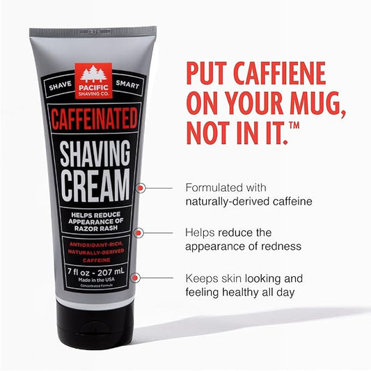 Pacific Shaving Company Caffeinated Shaving Cream - Shea Butter + Spearmint Antioxidant Shaving Cream with Caffeine - Clean Formula for Hydrating, Redness Reducing + Irritation-Free Shave (3.4 Oz)