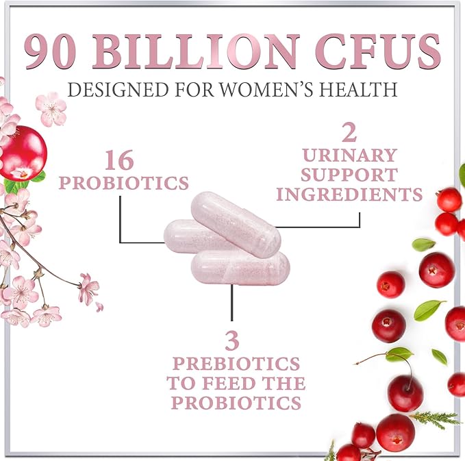 Probiotics for Women Supplement with Cranberry - 16 Premium Strains for PH Balance, Digestive Health, Vaginal & Immune Support, 90 Billion CFU, Women's Probiotic, UT, & Feminine Health - 60 Capsules