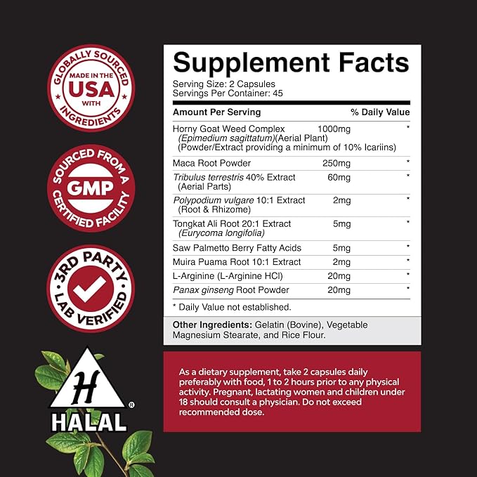 Natures Craft Horny Goat Weed for Men - Extra Strength Male Supplement with Black Maca Root, Tongkat Ali, Saw Palmetto & Panax Ginseng Extract for Stamina & Energy - 90 Capsules