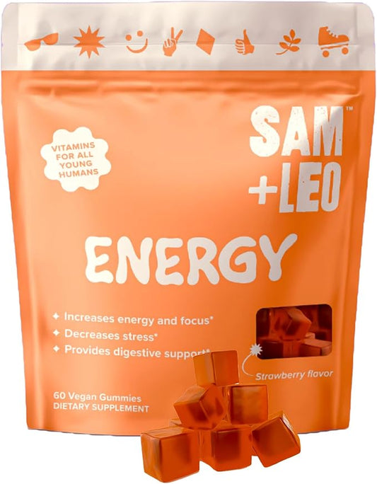 SAM+LEO Energy Gummies for Kids- with Biotin, Vitamin C, B3, B6, and B12 - All Natural & Vegan Gummy for Energy & Focus Supplement for Kids - Stress & Digestive Support, Strawberry Gummies - 60/ct
