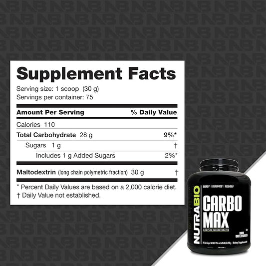 NutraBio CarboMax Maltodextrin Powder - Carbohydrate Powder for Sustained Energy - Calorie Rich for Muscle and Weight Gain - Unflavored - 5 Pounds, 75 Servings