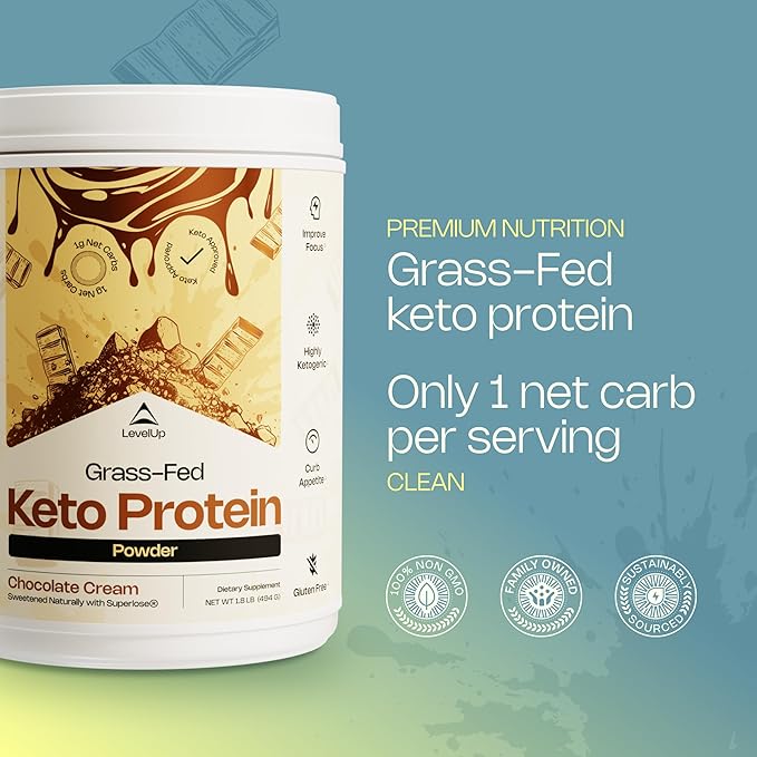 LevelUp 𝗪𝗜𝗡𝗡𝗘𝗥 - 𝗕𝗘𝗦𝗧 𝗞𝗘𝗧𝗢 𝗣𝗥𝗢𝗧𝗘𝗜𝗡 Grass-fed Collagen Protein Powder, C8 MCT Oil, Whey Protein Isolate, Irish Butter, Ketogenic Protein Shake Supplement (Chocolate Cream)