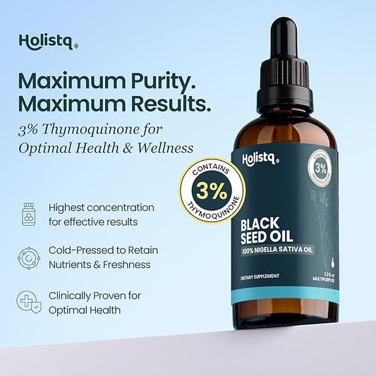 Black Seed Oil Organic Cold Pressed Drops 3% Thymoquinone 100mL | Cold Pressed Black Cumin Nigella Sativa Oil for Immune Support, Skin, Hair Health, Heart, Omega 369, Non-GMO, Vegan, Antioxidant Boost