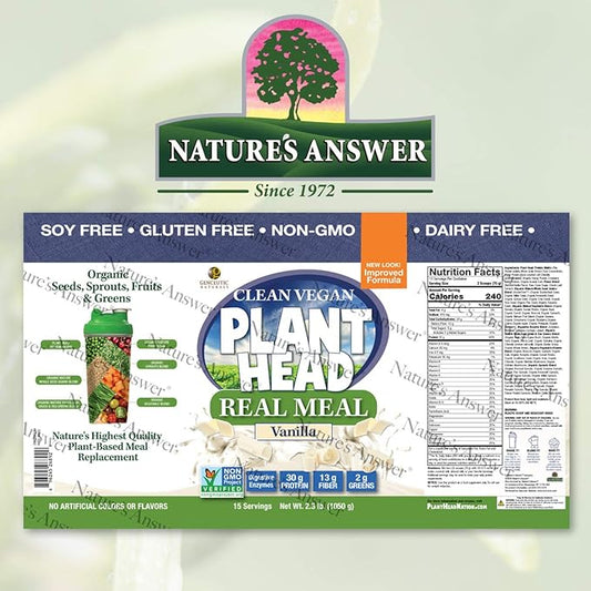 Plant Head Real Meal Organic Plant Based Protein Powder, Vanilla - Vegan, Low Net Carbs, Non Dairy, Gluten Free, Lactose Free, No Sugar Added, 2.3 Pound