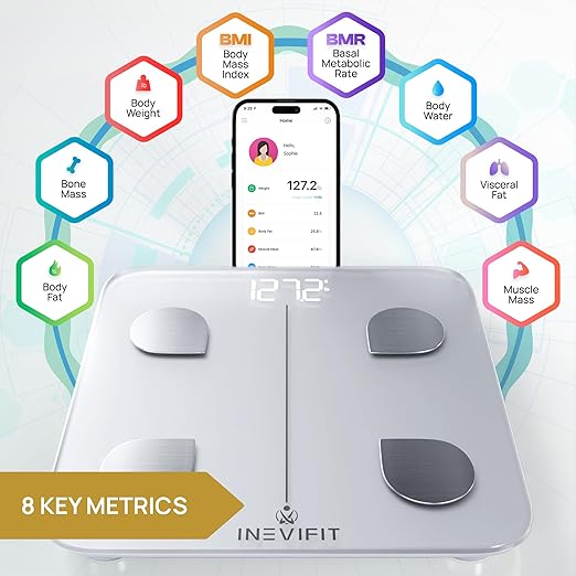 INEVIFIT Smart Body Fat Scale, Highly Accurate Bluetooth Digital Bathroom Body Composition Analyzer, Measures Weight, Body Fat, Water, Muscle, Visceral Fat & Bone Mass for Unlimited Users (White)