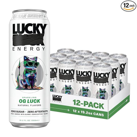 Lucky Energy Sugar Free Energy Drinks 19.2 Fl Oz Cans (Pack of 12) Healthy Energy Drink. OG Luck with Maca, Ginseng, Taurine, Beta-Alanine, 200mg Caffeine (Packaging May Vary)