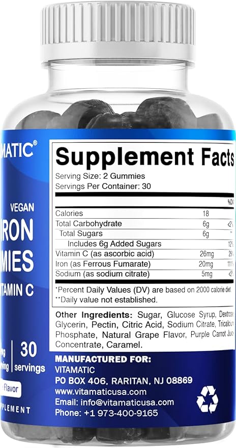 Vitamatic Iron Gummies Supplement for Women & Men - 20mg Serving - 60 Vegan Gummies - Great Tasting Iron Gummy Vitamins with Vitamin C (60 Count (Pack of 2))