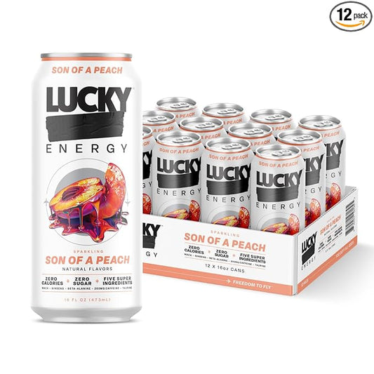 Lucky Energy Sugar Free Energy Drinks 16 Fl Oz Cans (12-Pack) Son of a Peach with Maca, Ginseng, Taurine, Beta-Alanine, 200mg Caffeine, Zero Calories