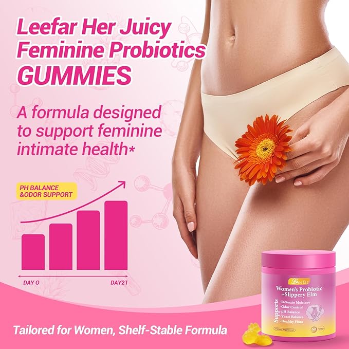 Her Juicy Feminine Probiotics Gummies, Premium Feminine Balance Gummies with Slippery Elm for Women's pH Balance and Freshness - Women Probiotic Pineapple Gummies 30-Day Supply