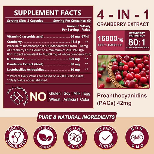NATURE TARGET Cranberry Pills with D-Mannose for Women - Super Strength 80:1 Extract - Cranberry Supplement 16800 mg with Vitamin C, Supports Urinary Tract Health, Bladder Control, 120 Veggie Capsules