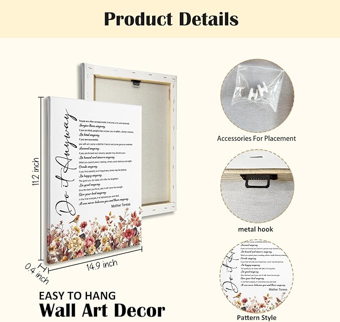Nitelat Inspirational Motivational Fall Wall Decor - Mother Do It Anyway Teresa Quotes Inspirational Canvas Wall Art, Motivational Wildflower Fall Canvas Pictures Decor,11x15 Inch