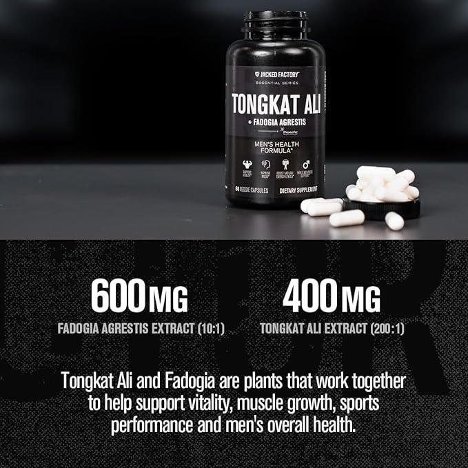 Jacked Factory Indonesian Tongkat Ali + Fadogia Agrestis - 200:1 Extract Longjack Tongkat Ali for Men with Fadogia Agrestis 600mg & Primavie Shilajit to Support Vitality, Energy, & Mood - 60 Capsules