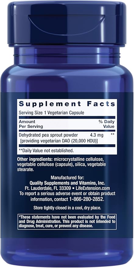 Life Extension Food Sensitivity Relief with Diamine Oxidase (DAO), Occasional Gas, Digestive Comfort, histamine Sensitivity, DAO Enzyme Supplement, Gluten Free, Non-GMO, Vegetarian, 60 Capsules