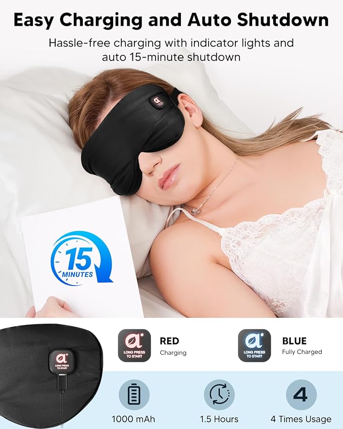 arboleaf Heated Eye Mask for Dry Eyes, Cordless Rechargeable Warm Eye Compress, Temperature Control, Light Blocking, Washable Cover & Travel, 1000mAh Rechargeable Battery
