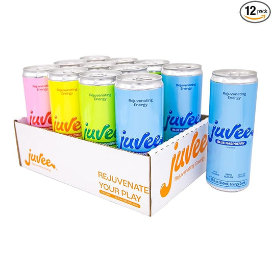Juvee Rejuvenating Energy Drink. Sugar Free Energy Drinks. Taurine, Vitamin B12, Vitamin B6. 128 Mg Of Caffeine. L-Theanine For Mood Support. Panax Ginseng For Focus. Vitamin C For Immune Support. Gluten Free 12 oz - 12 Pack - Variety Pack