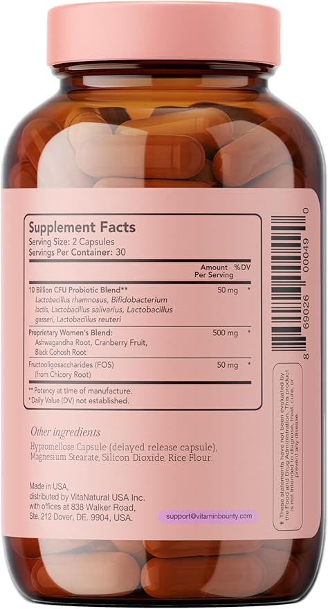 Vitamin Bounty Women's Pro-Daily Vaginal Probiotics - 10 Billion CFU, 5 Strains with Cranberry for Female Vaginal Health - Probiotics for Women pH Balance - Digestive & Urinary Support - 60 Capsules