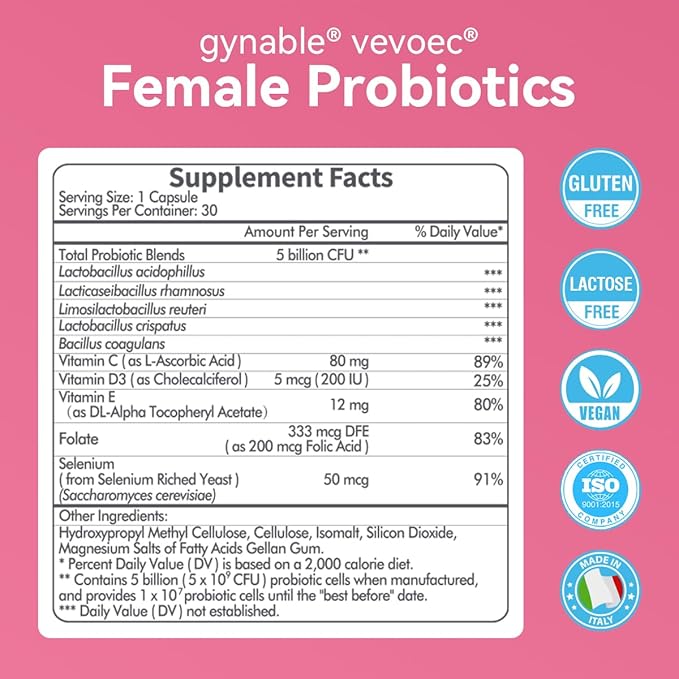 Gynable Vaginal Probiotics for Women,Female Probiotic for pH Balance with Lactobacillus 5 Billion CFU Probiotics Blend,Selenium-Vitamin D3,Promote Healthy Vaginal Odor & Vaginal Flora,30 Count