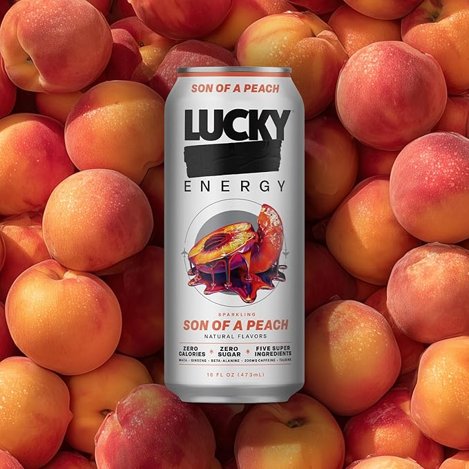 Lucky Energy Sugar Free Energy Drinks 16 Fl Oz Cans (12-Pack) Son of a Peach with Maca, Ginseng, Taurine, Beta-Alanine, 200mg Caffeine, Zero Calories