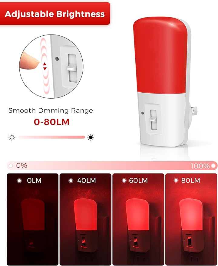 LOHAS Red Night Light Plug in, Dimmable Light LED Night Lights with Dusk to Dawn Sensor, Adjustable Brightness Red Light for Nursery Kids Room Hallway Kitchen,Christmas Gift 2 Pack