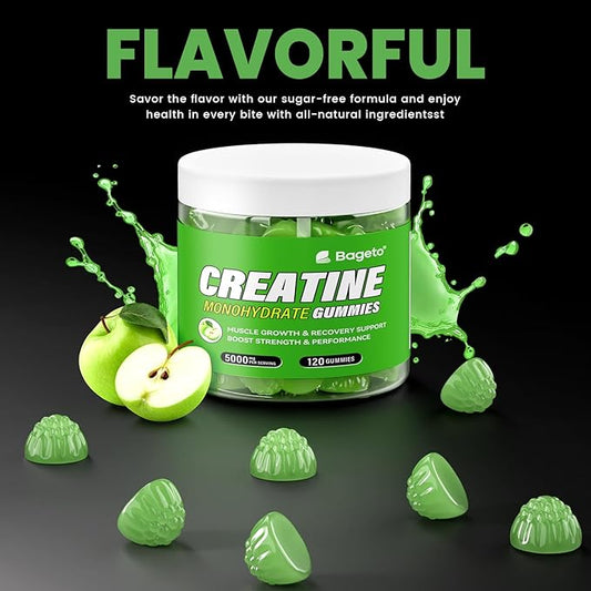 Creatine Monohydrate Gummies 5g for Men Women,Sugar Free Chewables Creatine Pre-Workout for Muscle Strength, Sour Green Apple, 120 Count