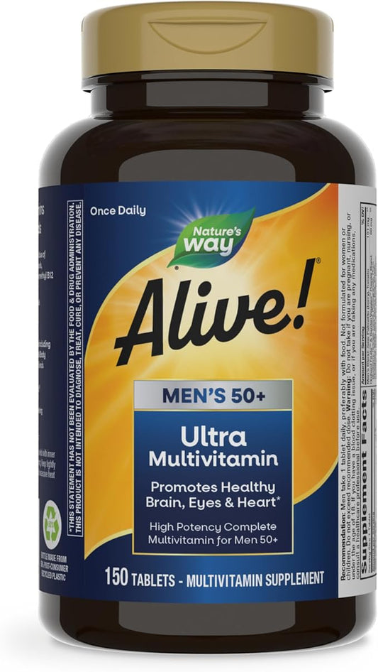 Nature's Way Alive! Men’s 50+ Daily Ultra Multivitamins, High Potency Formula, Supports Healthy Brain, Eyes & Heart*, with Methylated Vitamin B12, Gluten-Free, 150 Tablets