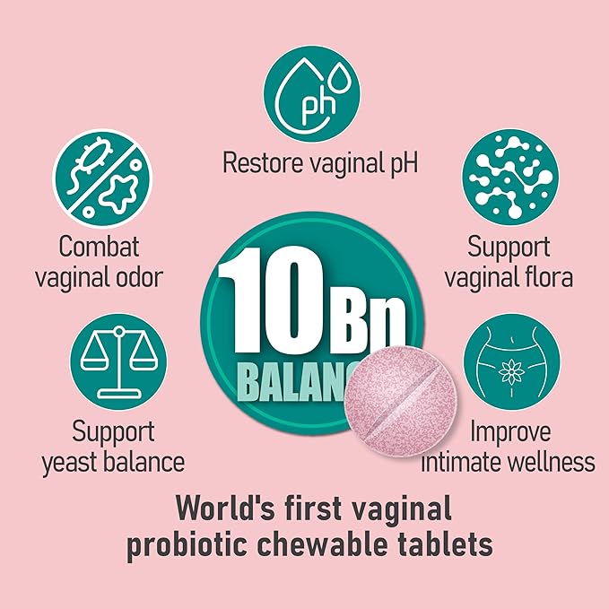 Chewable Vaginal Probiotics for Women 10 Billion CFU + Organic Prebiotics — Supports Vaginal Health, Maintains Vaginal pH Balance & Promotes Feminine Freshness, Strawberry-Flavored Tablets (60 counts)