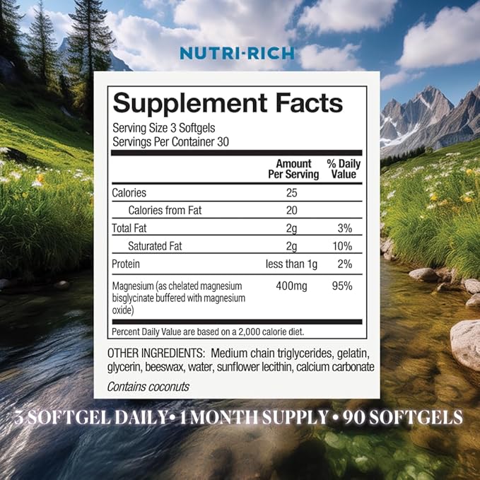 Nutri-Rich Magnesium Glycinate Chelate, Magnesium 400mg,Vitamin for Better Sleep, MCT Oil, high Potency, Easy Absorption, Muscle, Heart Health, Relaxation, 90 Count, Gluten Free, No Soy, Non GMO