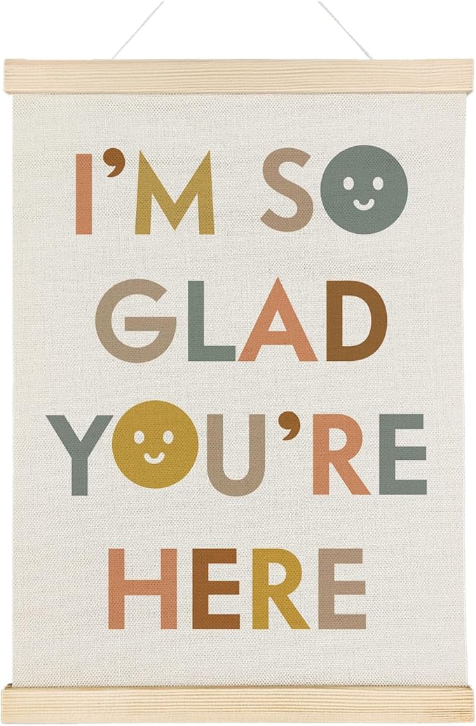 Nrleey I'm So Glad You're Here Wall Decor with Wooden Poster Hanger - Boho Classroom Decor, Positive Affirmations Motivational Wall Art Posters for Classroom, Teacher Gifts, 12x16 Inch