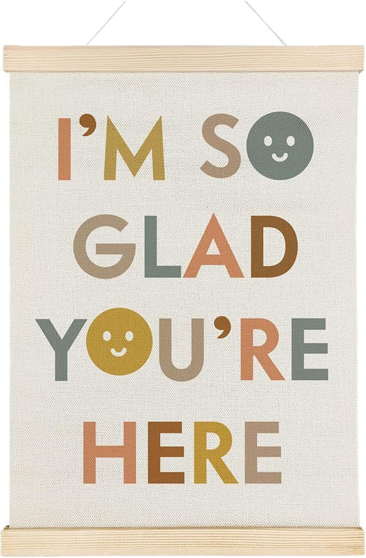 Nrleey I'm So Glad You're Here Wall Decor with Wooden Poster Hanger - Boho Classroom Decor, Positive Affirmations Motivational Wall Art Posters for Classroom, Teacher Gifts, 12x16 Inch
