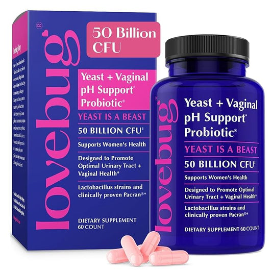 LOVEBUG Yeast + Vaginal pH Support | Clinically Studied Ingredients for Yeast & UTIs | Multi Strain 50 Billion CFU | 60 Capsules