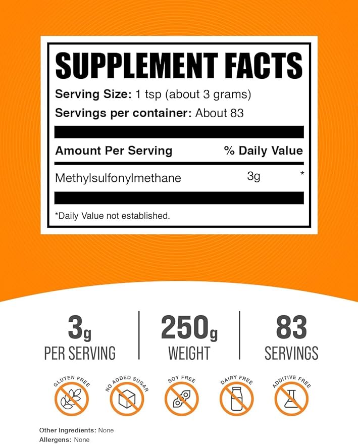 BulkSupplements.com MSM Powder - Methylsulfonylmethane, MSM Supplement, Nutritional Supplement - Gluten Free, 3g per Serving, 250g (8.8 oz) (Pack of 1)
