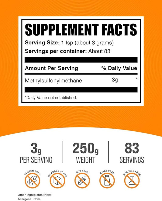 BulkSupplements.com MSM Powder - Methylsulfonylmethane, MSM Supplement, Nutritional Supplement - Gluten Free, 3g per Serving, 250g (8.8 oz) (Pack of 1)