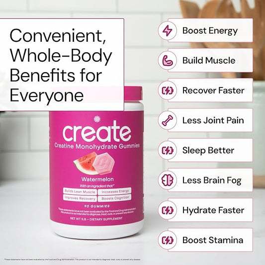 Create Creatine Monohydrate Gummies for Men & Women - Boost Focus, Strength, and Endurance, Anti-Melting Formula, Vegan, Gluten-Free, Non-GMO, 1.5 Gram Creatine per Gummy (Watermelon, 90 ct)