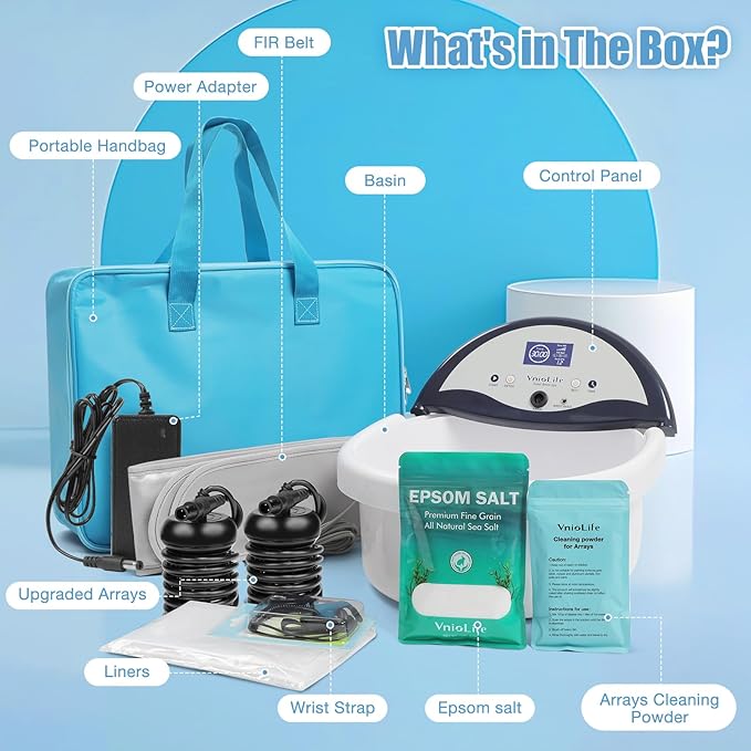Ionic Foot Bath Detox Machine, Ion Detox Foot Bath Cleanse, LED Display Feet Spa with Heated Belt,Wrist Strap, with 2 Arrays, Sea Salt,10 Liners,Portable Handbag