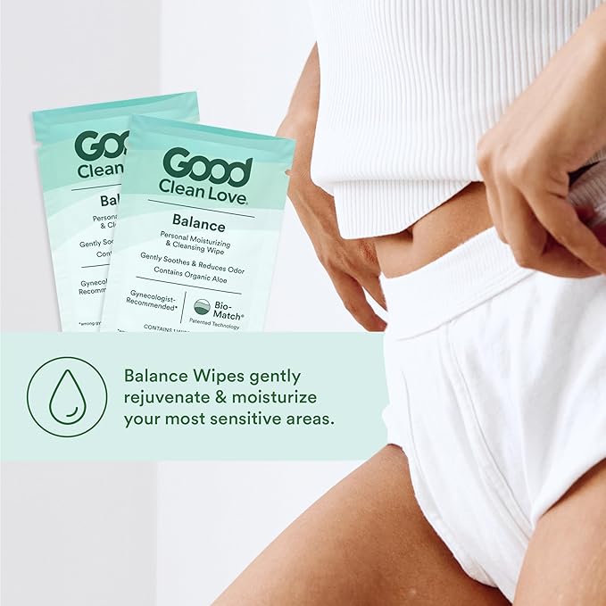Good Clean Love Balance pH-Balanced Feminine Wipes, Supports Vaginal Health Naturally & Reduces Odor, Non-Irritating Moisturizing & Cleansing Hygiene Product Made with Organic Aloe, (12 Count)