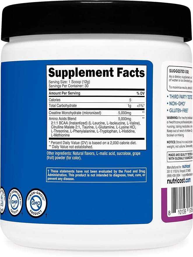 Nutricost Creatine + Aminos 30 Servings (Grape Flavored) - 5,000mg Creatine Monohydrate + 5000mg Amino BCAA Blend Per Serving