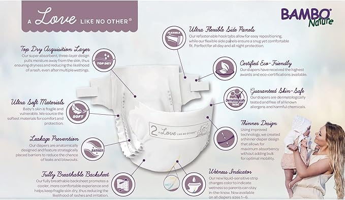 Bambo Nature Hypoallergenic Dream Baby Diapers, Premium Eco-Labeled Sustainable Diapers, Enhanced Leakage Protection, Totally Chlorine-free, Skin Friendly, and Super Absorbent - Size 6 (72 Count)