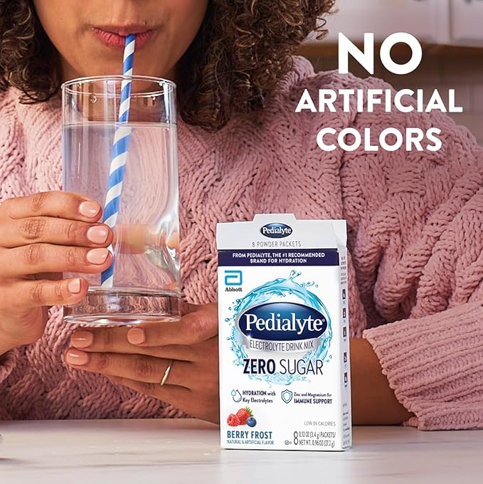 Pedialyte Electrolyte Drink Mix With Zero Sugar | Hydration With Key Electrolytes | Great Hydration Low in Calories | Berry Frost, 8 Powder Packets
